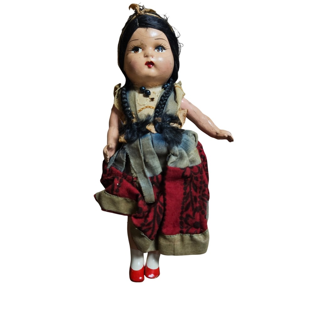 Vintage Composition Native American Doll 8" Braided Hair Hand Painted Red Skirt